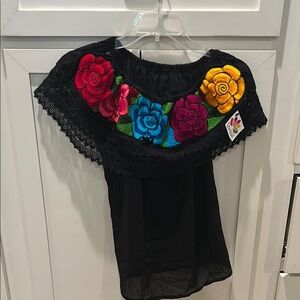 Mexican inspired Black Embroidered Short Sleeve peasant Blouse